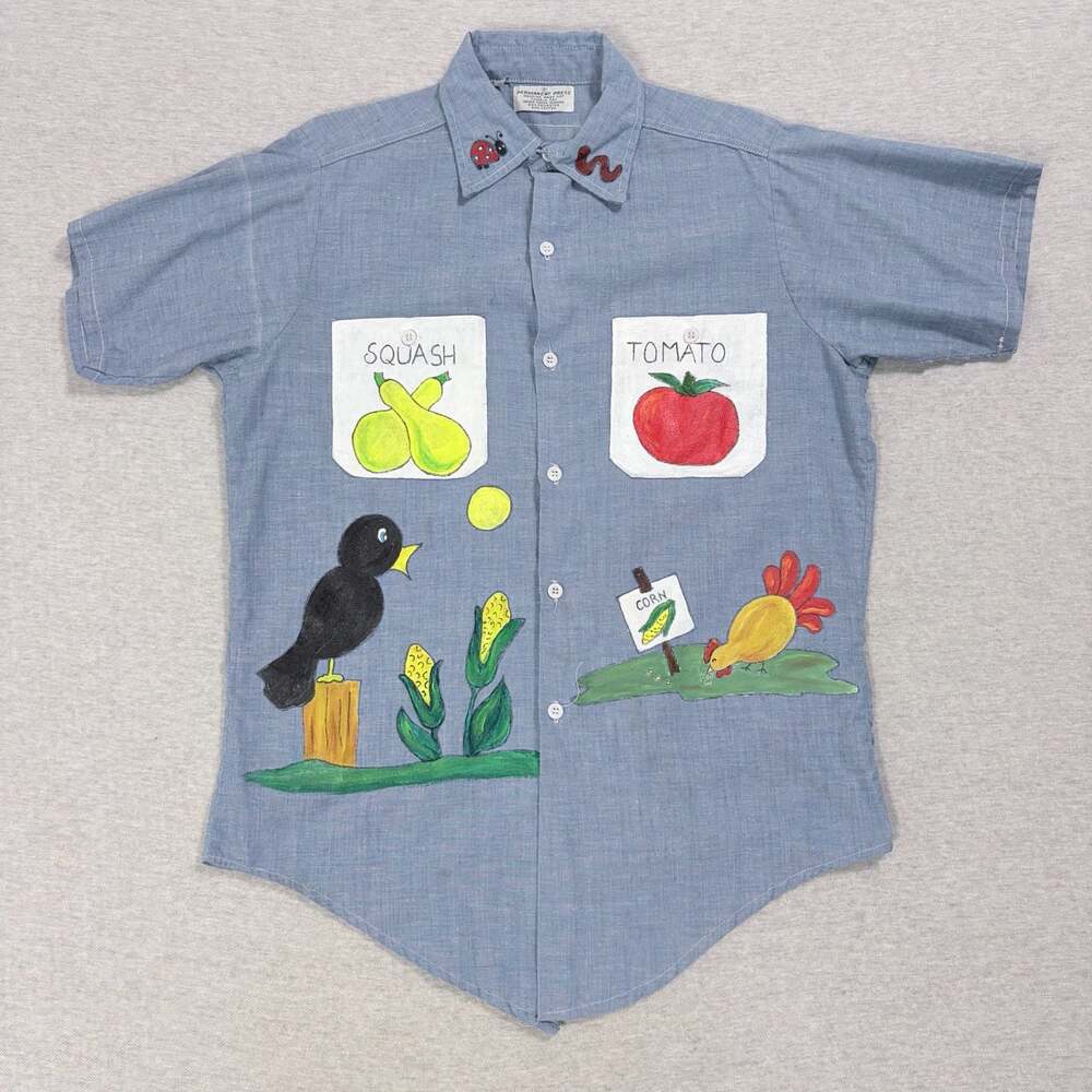 Permanent Press Vintage Hand Painted Farm Vegetable Garden Button Down shirt